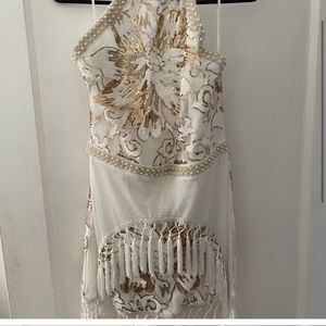 12rh tribe white and gold fringe, tassel, pearl, sequence dress